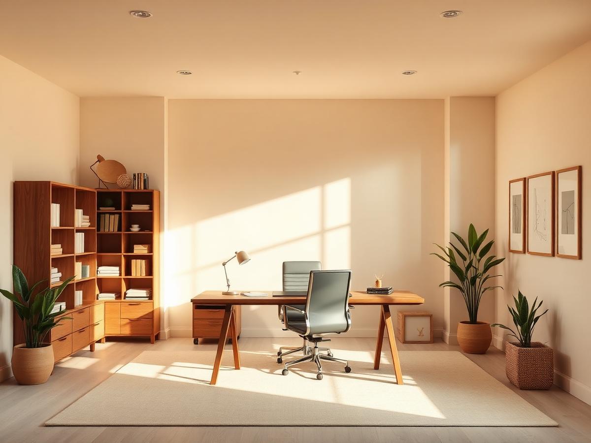 Calm, well-lit professional office interior with natural materials.